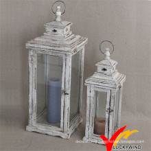 Shabby Faded White Wooden Lantern Candle Holder